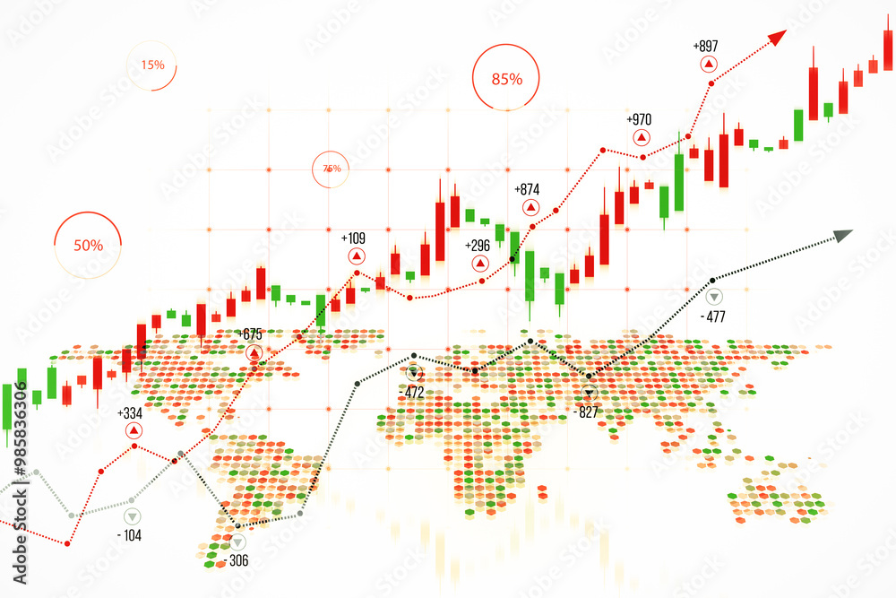 Poster Financial graph with candlestick chart and world map on light background. 3D Rendering