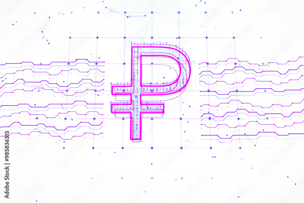 Poster digital ruble symbol surrounded by futuristic circuitry on a white background. 3d rendering