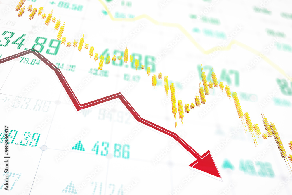 Poster Red downward arrow with stock market data and candlestick chart on white background. 3D Rendering