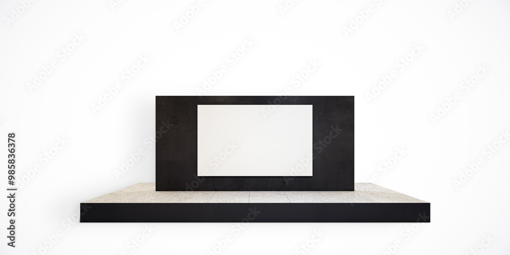 Poster Blank white canvas in black frame on a minimalist platform. 3D Rendering