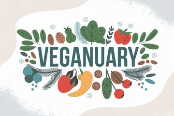 Veganuary Concept Design with Fresh Fruits, Vegetables, and Seasonal Leaves