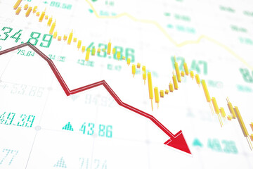 Red downward arrow with stock market data and candlestick chart on white background. 3D Rendering