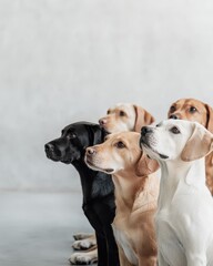 Five dogs of different breeds, black, white and brown, looking up and sitting in a row.