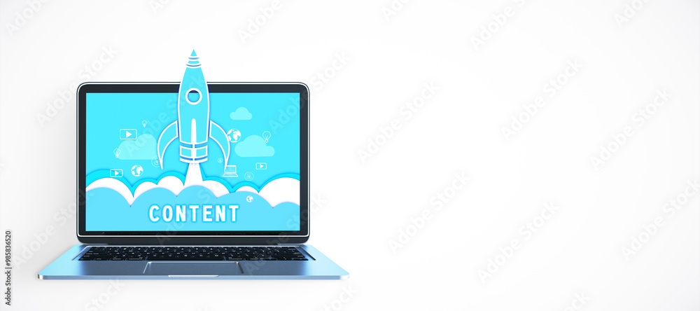 Poster Laptop with Rocket Launching from Screen on White Background. 3D Rendering