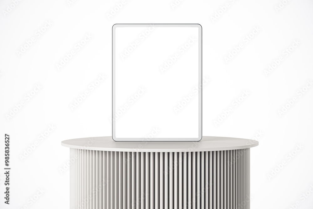 Poster tablet with blank screen on a white round pedestal. 3d rendering