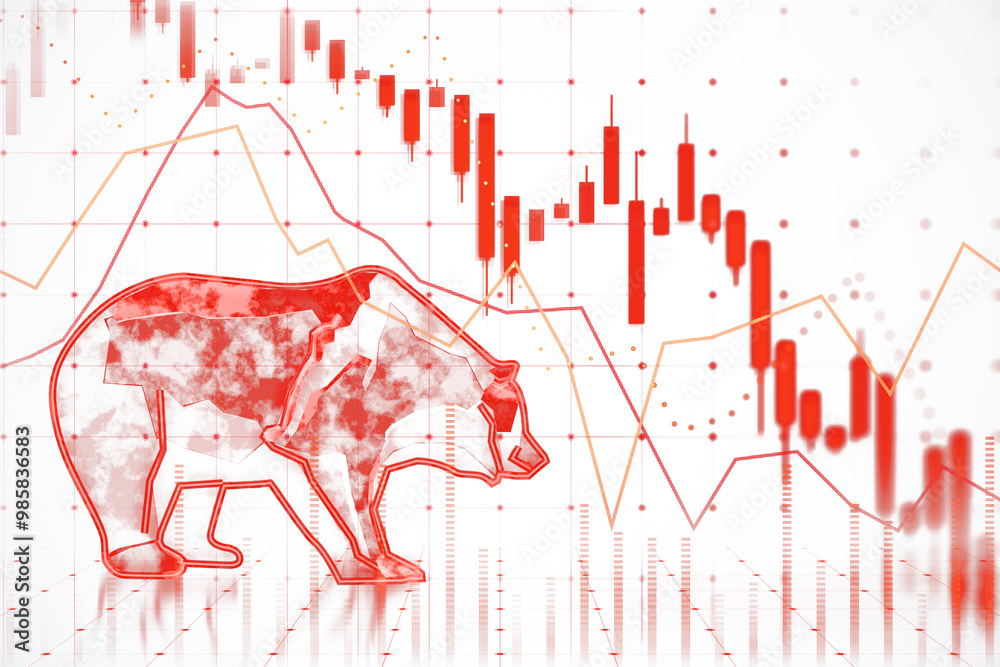 Poster bear market concept with red stock market chart on white background. 3d rendering