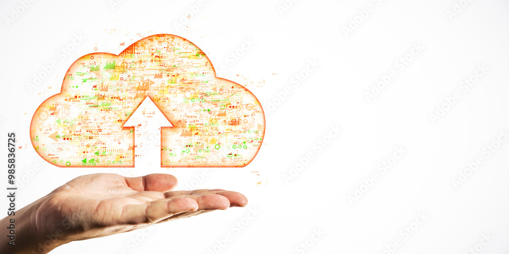 Poster hand holding digital cloud with upload symbol on white background.