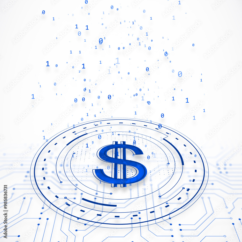 Aufkleber Digital dollar symbol surrounded by binary code on a white background. 3D Rendering