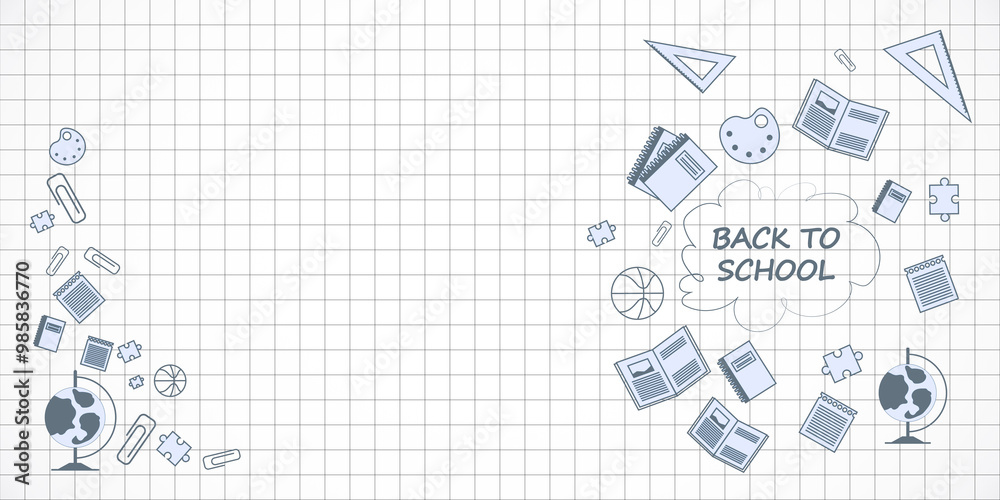 Poster Back to School Banner with Stationery Icons on Graph Paper Background. 3D Rendering