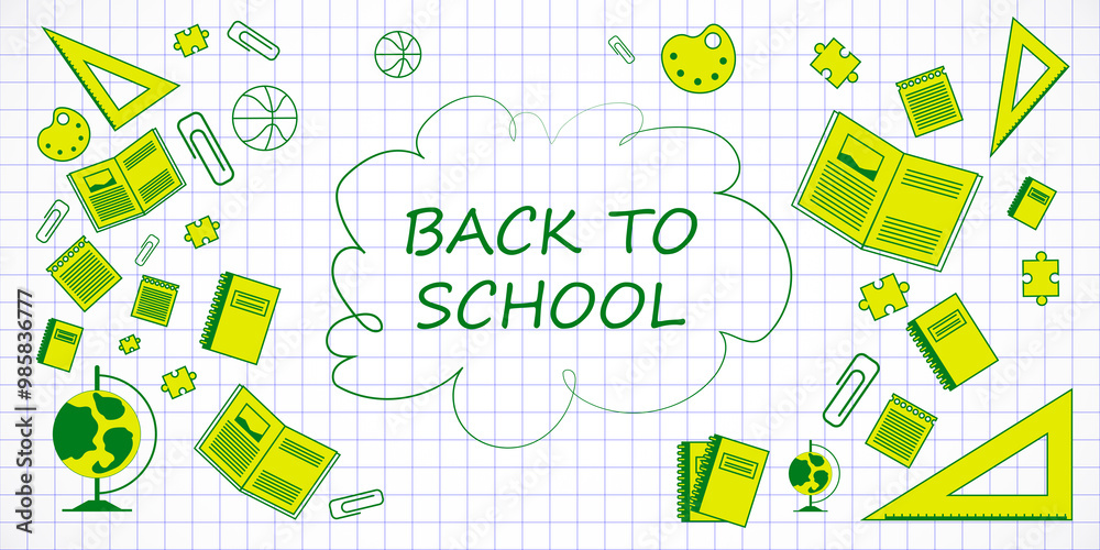 Poster back to school concept with educational icons on grid background. 3d rendering