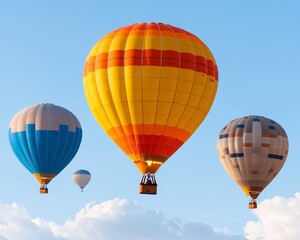 Fototapeta premium Four colorful hot air balloons soar through a clear blue sky, with fluffy clouds in the background.