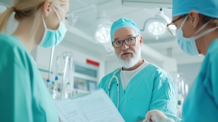 A doctor discusses medical procedures with colleagues in a sterile hospital environment, all wearing surgical attire and masks.