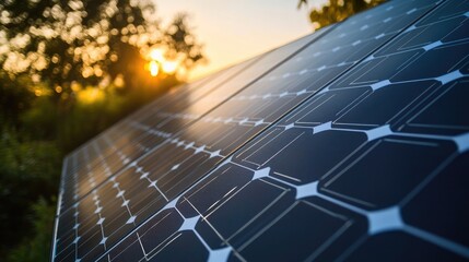 Close-up of solar panels capturing sunlight in an eco-friendly urban setting. -