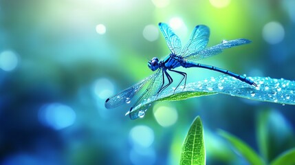 A dragonfly perches on a leaf, adorned with a glistening dewdrop in the sunlight. The scene is captured in vivid blue hues, showcasing the beauty and tranquility of nature. 