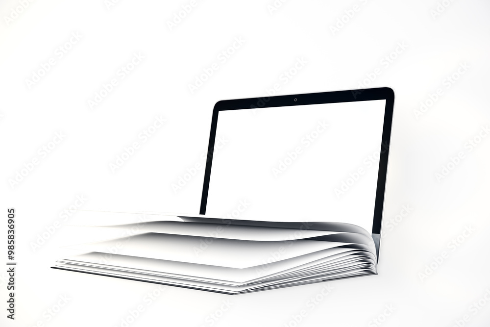 Poster open laptop with blank screen and papers on white background. 3d rendering
