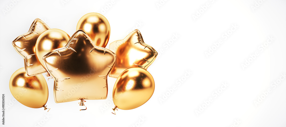 Poster golden star and round balloons against a white background. 3d rendering