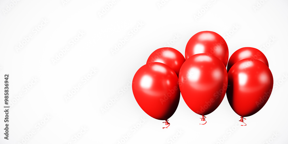 Poster Red Balloons Cluster on White Background with Copy Space. 3D Rendering