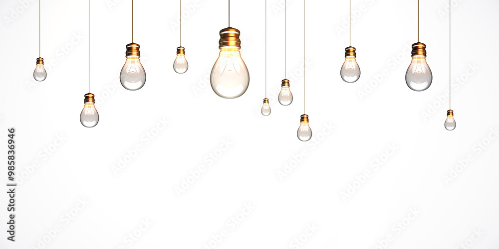 Poster Multiple hanging lightbulbs on white background. 3D Rendering