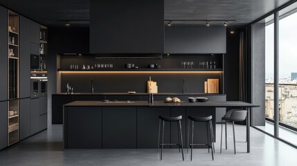 Contemporary kitchen with sleek black cabinets, a large island, and modern lighting.