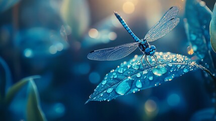 A dragonfly perches on a leaf, adorned with a glistening dewdrop in the sunlight. The scene is captured in vivid blue hues, showcasing the beauty and tranquility of nature. 