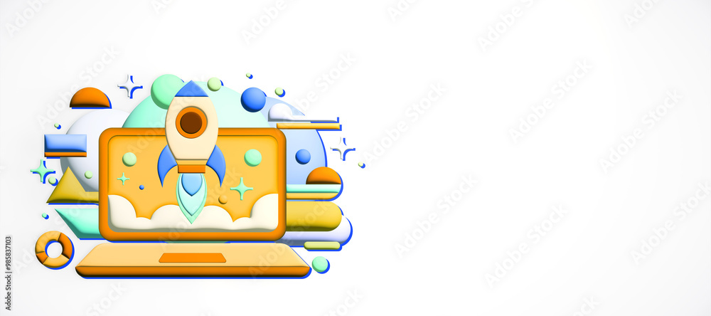 Poster abstract illustration of rocket launching from a laptop screen. 3d rendering