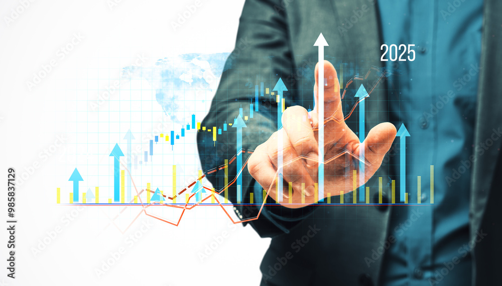 Aufkleber businessperson pointing at a rising financial graph with arrows and data on a white background.