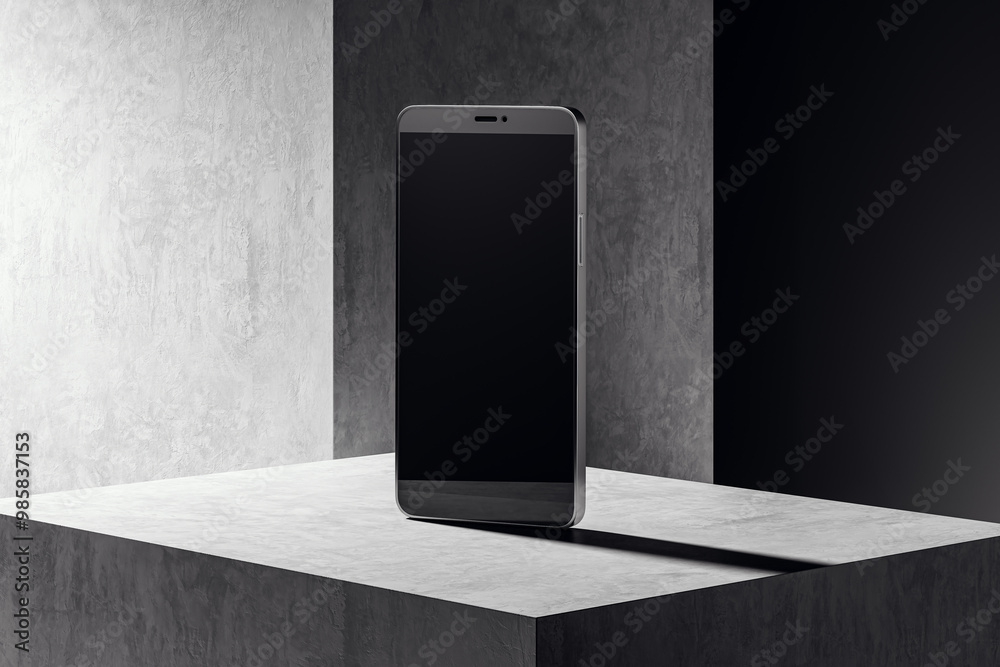 Poster mockup of a modern smartphone with blank screen on a concrete podium. 3d rendering