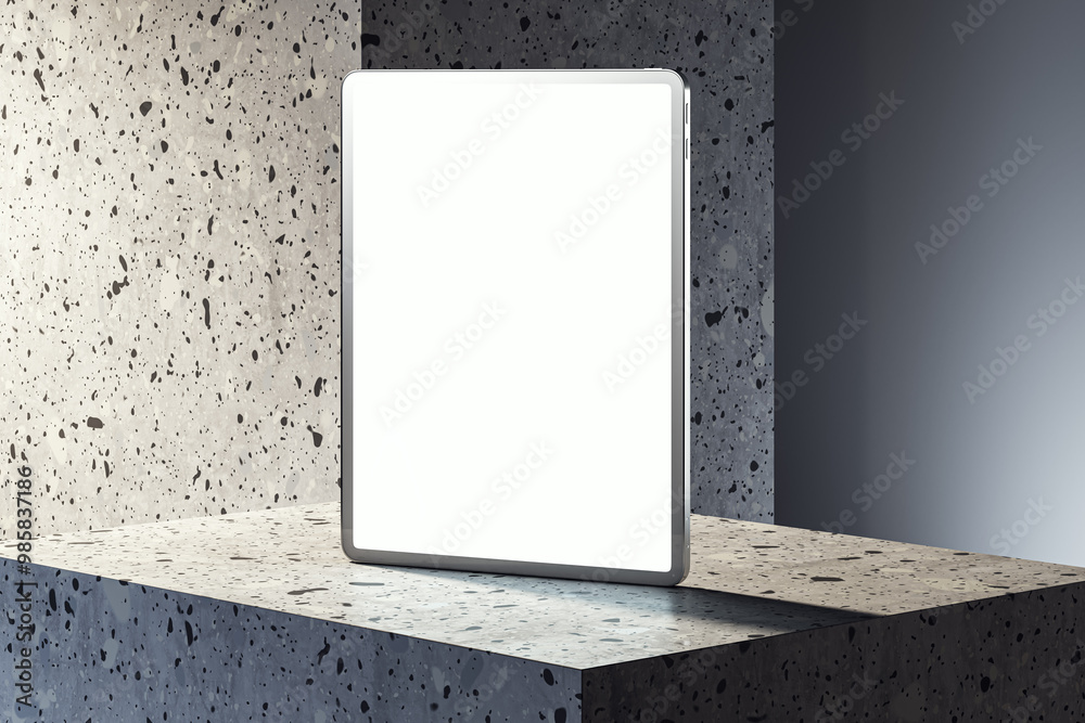 Poster blank tablet mockup on a speckled stone surface. 3d rendering