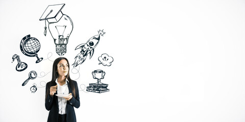 Businesswoman holding a cup of coffee with doodle icons of ideas and innovation on white background.