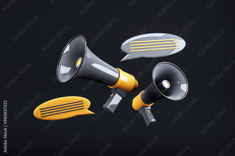 Aufkleber Megaphones with Speech Bubbles on Dark Background. 3D Rendering