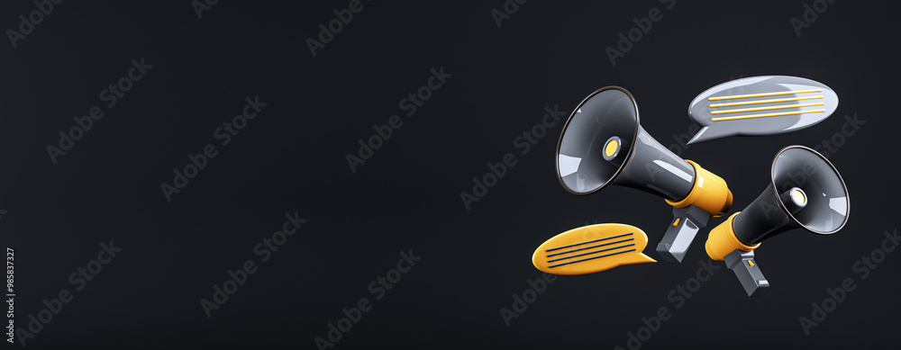 Aufkleber Megaphones with Speech Bubbles on a Dark Background. 3D Rendering