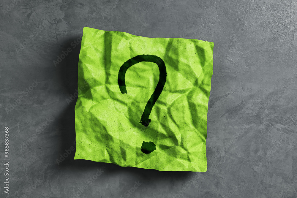 Poster Green paper with a question mark on grey background. 3D Rendering
