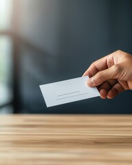 Obraz premium Hand holding out a blank business card, ready for your text or logo. Perfect for marketing and business concepts.