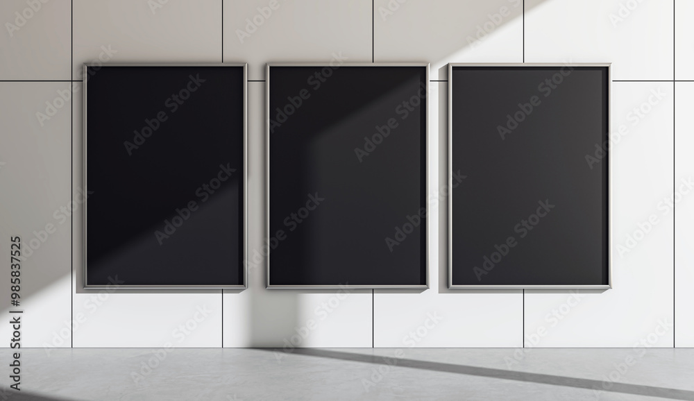Poster three vertical black posters on a modern tiled wall in a well-lit area. 3d rendering