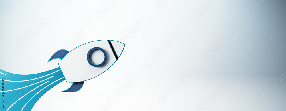 Poster rocket icon concept with a blue and white design on a light background. 3d rendering