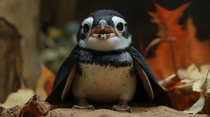 Naklejka premium Adorable Vampire Penguin Wearing Dracula Cape and Fangs for Halloween