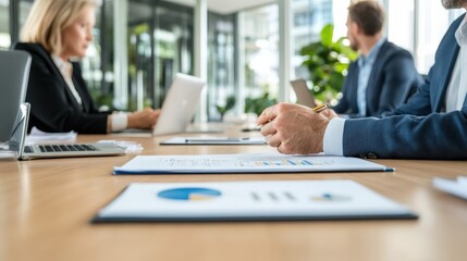A collaborative business meeting with professionals analyzing documents and charts on a table, set in a modern office environment.
