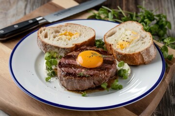 Gourmet Steak with Egg Yolk and Toast on Rustic Wooden Board