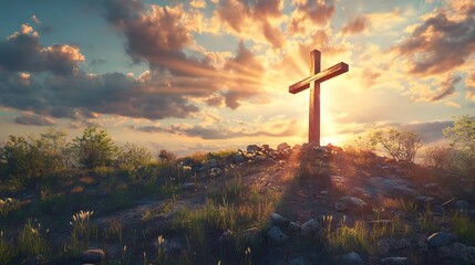 A wooden cross shining in the sky, atop an old hill covered with rubble and grasses. God rays, a dramatic sky, photorealistic, hyper-detailed, and a cinematic look.
