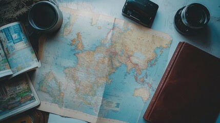 Fototapeta premium Flat lay of a travel plan laid out with maps, itinerary notes, and guidebooks.