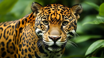 Obraz premium A majestic jaguar roams its untamed habitat with keen eyes and powerful presence. Its spots, a natural camouflage against the verdant jungle, blend into the vibrant undergrowth