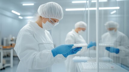 A woman in protective gear examines samples in a sterile lab environment, highlighting safety and precision in scientific research.