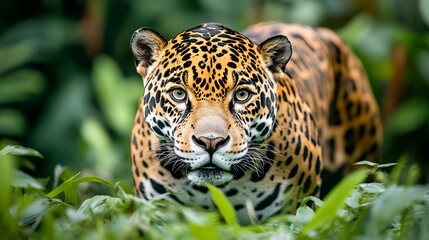 A majestic jaguar roams its untamed habitat with keen eyes and powerful presence. Its spots, a natural camouflage against the verdant jungle, blend into the vibrant undergrowth
