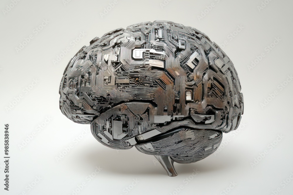 Poster brain-computer interface on solid white background, single object
