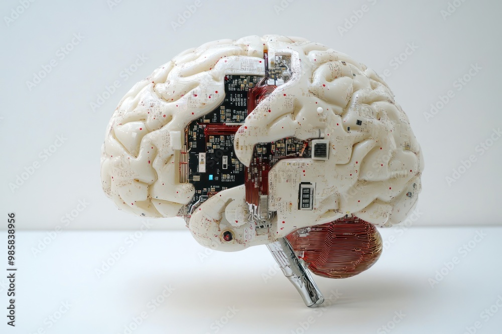 Poster brain-computer interface on solid white background, single object