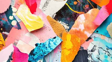Fototapeta premium Abstract collage with overlapping patterns, bright colors, and paper textures, perfect for creative ad visuals.
