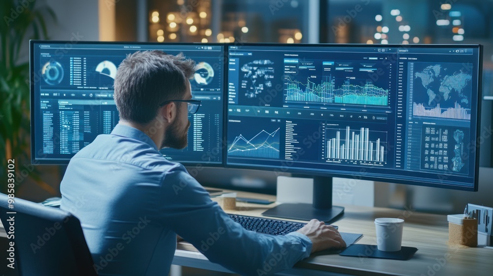 Poster business intelligence analyst working on multiple data dashboards on a large monitor in a modern off