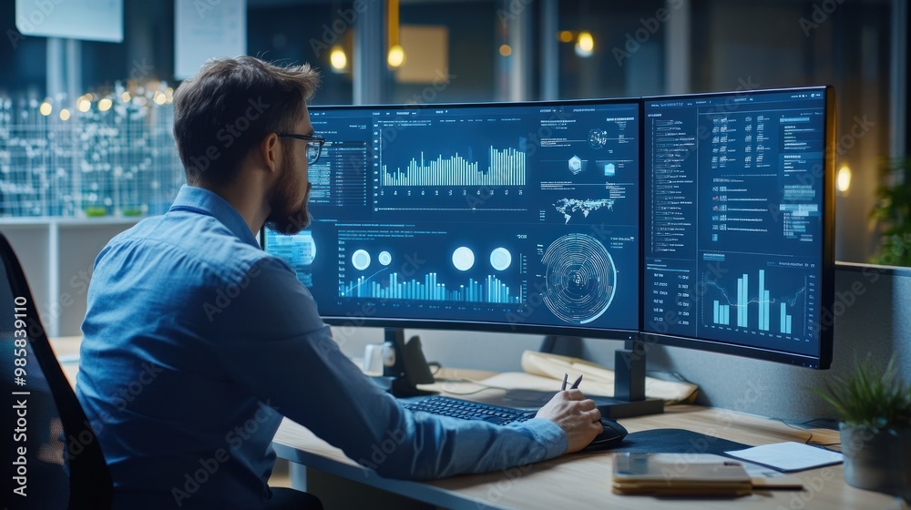Poster business intelligence analyst working on multiple data dashboards on a large monitor in a modern off