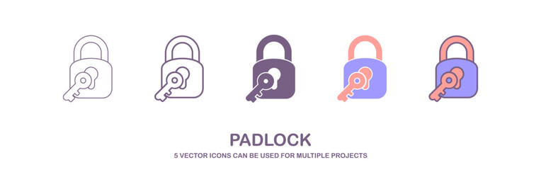 Lock icon set. Padlock open and closed. Locked and unlocked icon. Security symbol. Vector illustration, a set of icons with 5 different styles