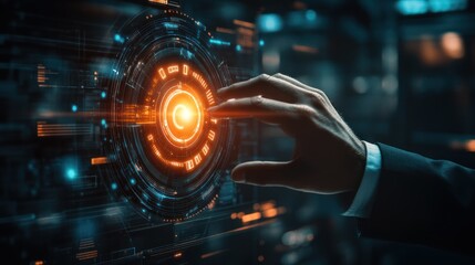 businessman hand reaching towards a digital interface with a glowing solution button in a futuristic office environment, symbolizing innovation and problem-solving